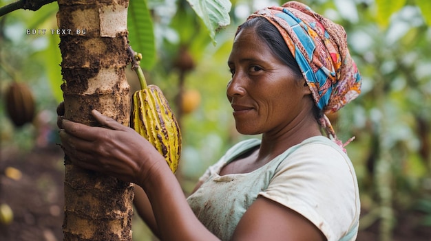 woman farmer harvests cocoa pods from a tree
