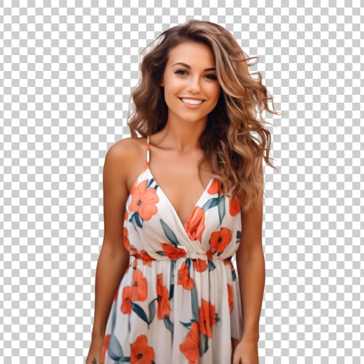 PSD a woman in a floral dress stands in front of a grid