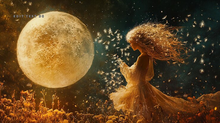 PSD woman in flowing dress releasing dandelion seeds under a large full moon at night