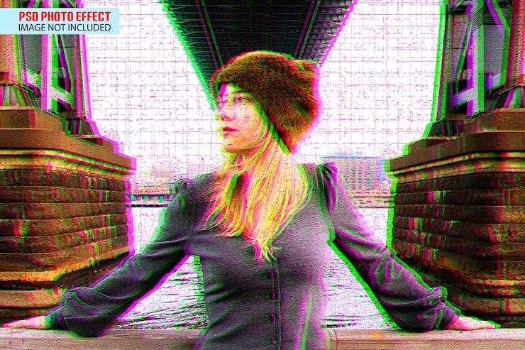 PSD a woman in a fur hat sits in front of a bridge