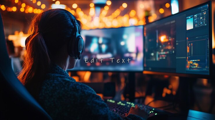 PSD woman gamer plays video games on multiple monitors