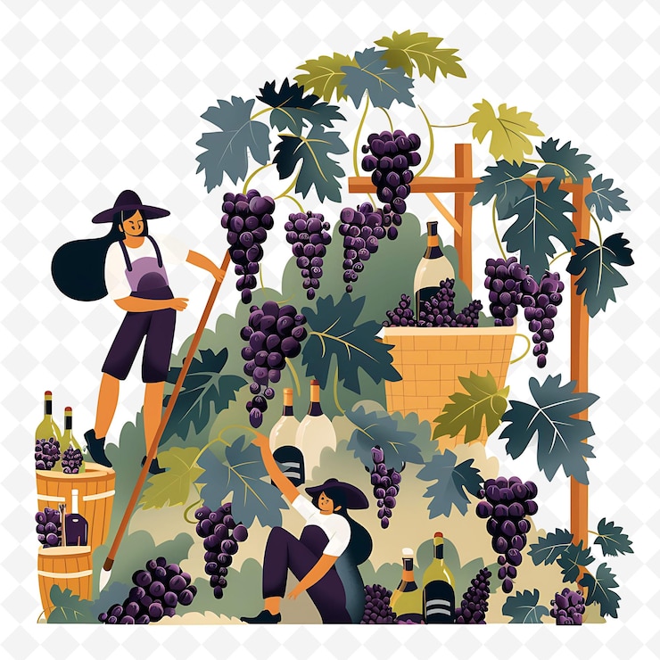 PSD a woman in a garden with grapes and a basket with a basket of grapes