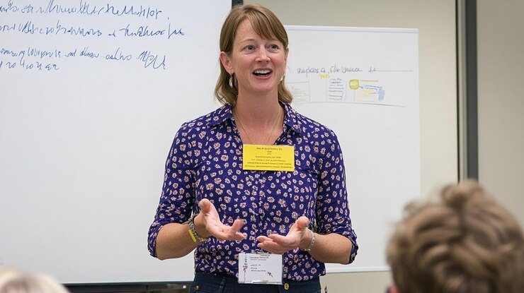 PSD woman giving presentation speaking gesturing smiling engaged audience workshop training seminar conference education learning