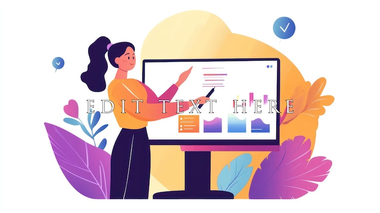 PSD woman giving presentation with charts and graphs on large screen