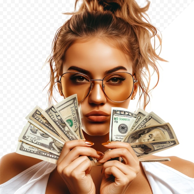 PSD woman in glasses with money dollars