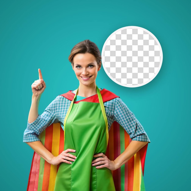 PSD a woman in a green apron with a white circle behind her