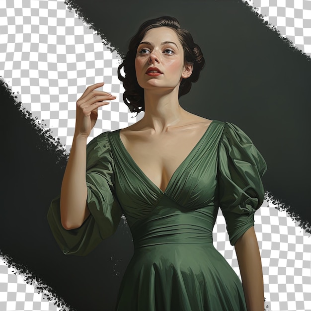 PSD a woman in a green dress with a black background with the letter r on it.