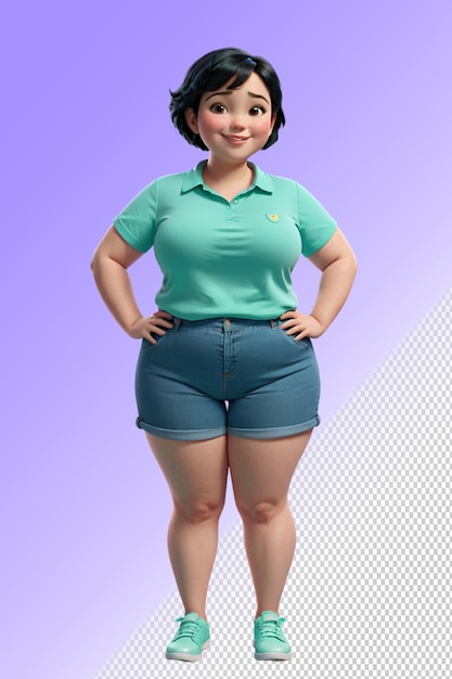 PSD a woman in a green shirt and blue shorts stands in front of a white background