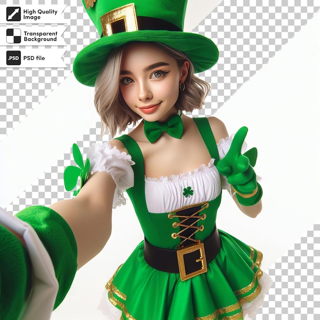 PSD a woman in a green and white outfit with a green shamrock on the front