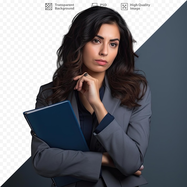 A woman in a grey suit with a folder in her hand and a pen in her hand.