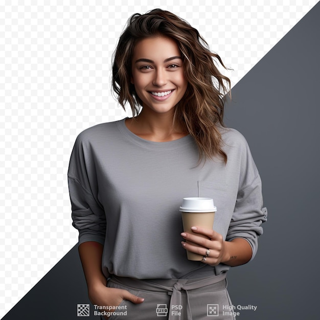 PSD a woman in a grey sweater holding a coffee cup.