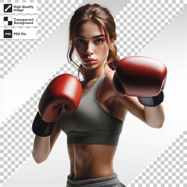 A woman in a grey tank top is holding boxing gloves