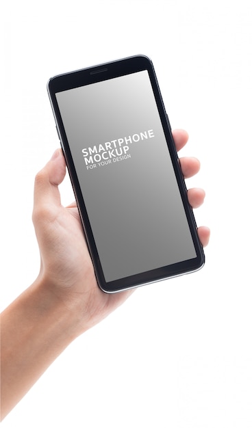 Woman hand holding the black smartphone mockup for your design.