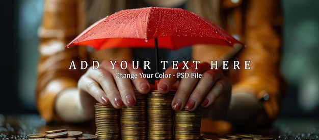 PSD woman hand holding small red umbrella over pile of coins