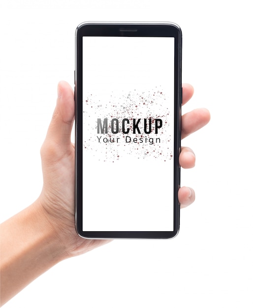 Woman hand holding and touching black smartphone with blank screen mockup template.