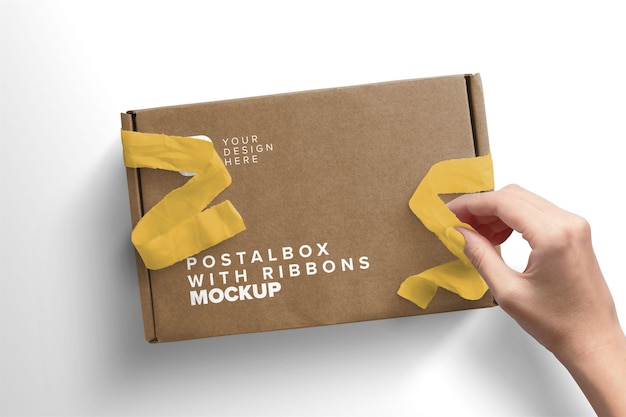 Woman hand opening postal box with ribbons  mockup