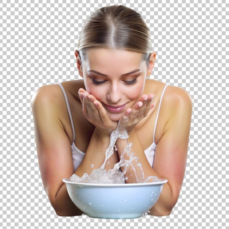 PSD woman hands and water splash with smile for skincare hygiene wash