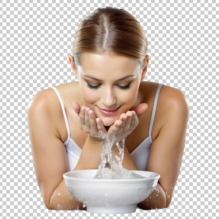 PSD woman hands and water splash with smile for skincare hygiene wash