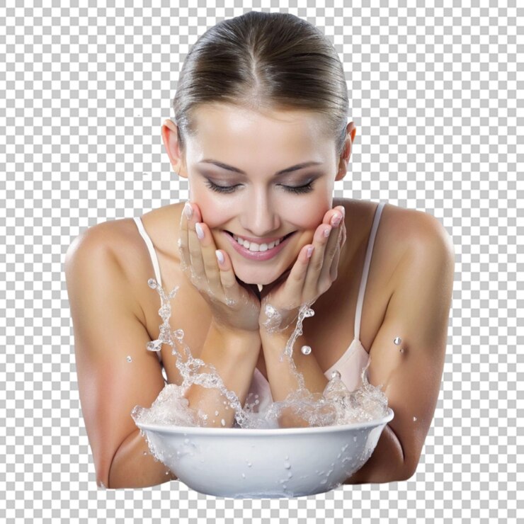 PSD woman hands and water splash with smile for skincare hygiene wash