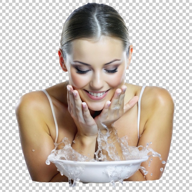 PSD woman hands and water splash with smile for skincare hygiene wash