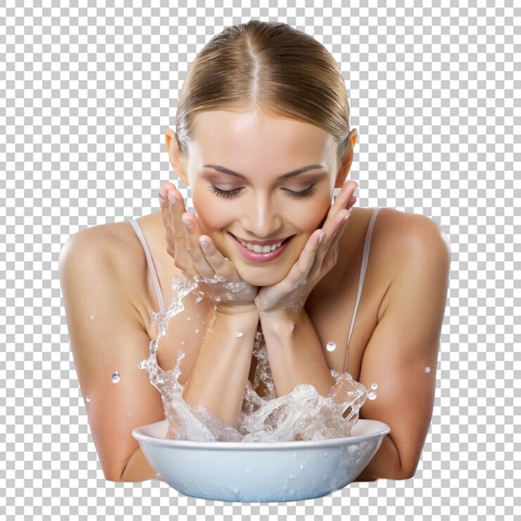 PSD woman hands and water splash with smile for skincare hygiene wash