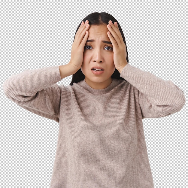 woman have problems with meeting deadline dont know how solve troublesome difficult situation grab head in panic