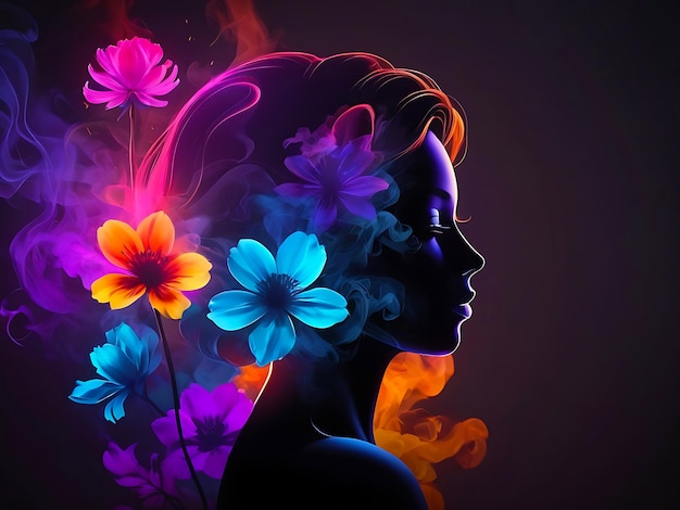 다채로운 꽃을 가진 여자의 머리.