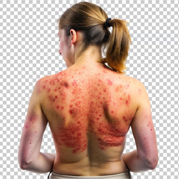 PSD woman and her skin affected by blistering rash because of monkeypox on transparent background