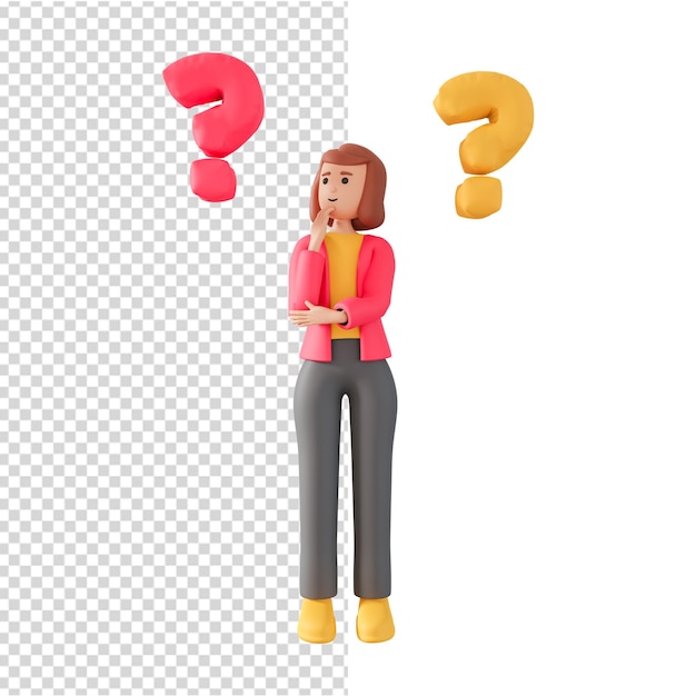 Woman hesitatingly looking at question mark 3d illustration