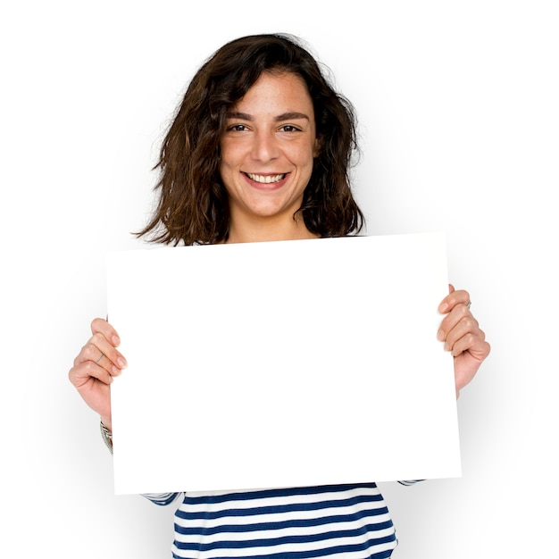 Woman hold blank paper board copy space