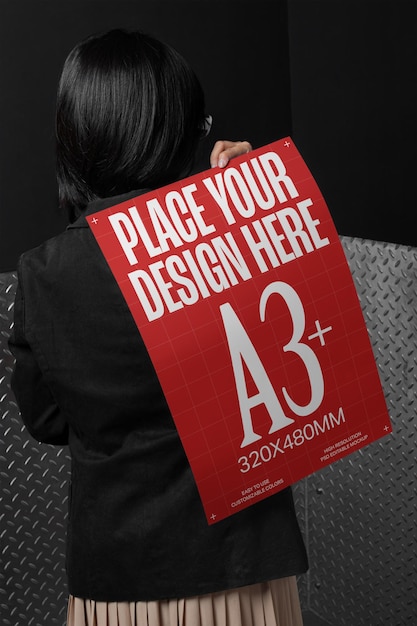 PSD woman holding a3 plus highresolution poster from back