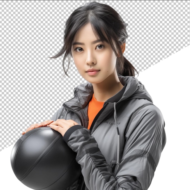 PSD a woman holding a ball and a black ball with a white background