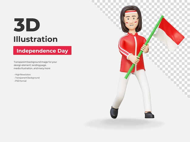 PSD インドネシアの国旗を掲げている女性が独立記念日を祝う 3d カートゥーンイラスト