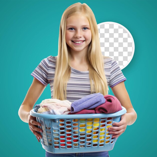 PSD woman holding a basket of clothes on her shoulder