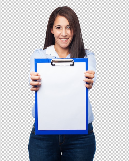 PSD woman holding blank clipboard