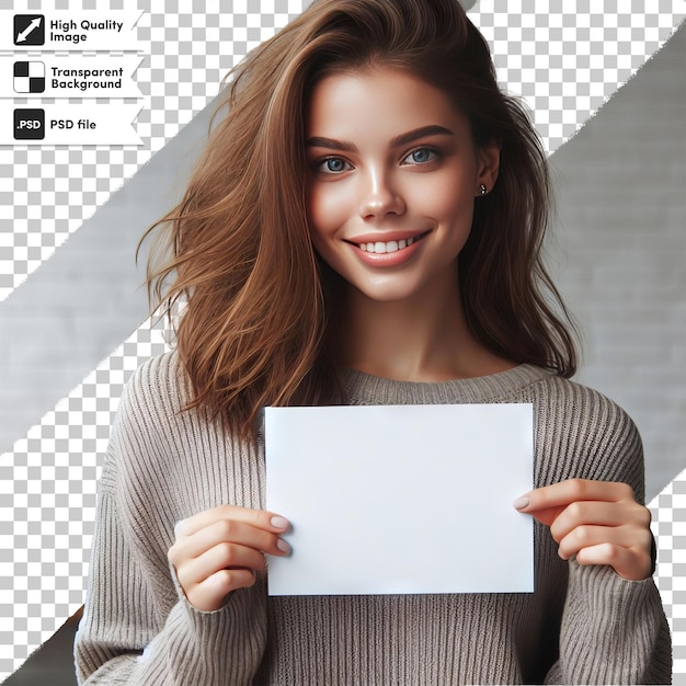 A woman holding a blank piece of paper with the word  l  on it