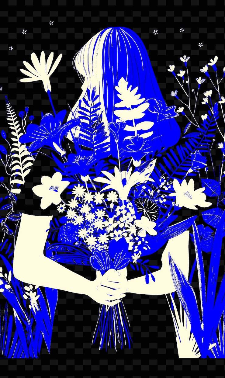 PSD woman holding a bouquet of flowers with a garden in the back png poster background designs