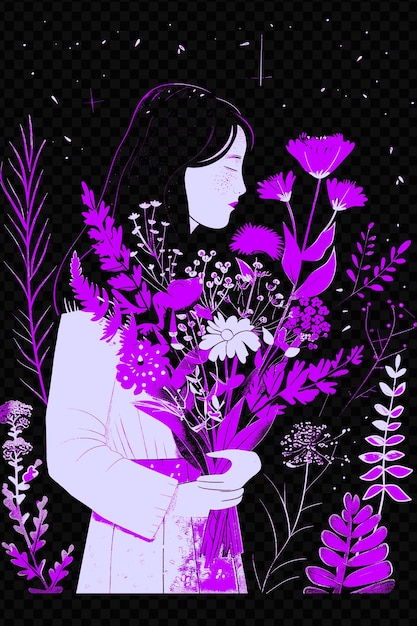 PSD woman holding a bouquet of flowers with a garden in the back psd art design concept poster banner