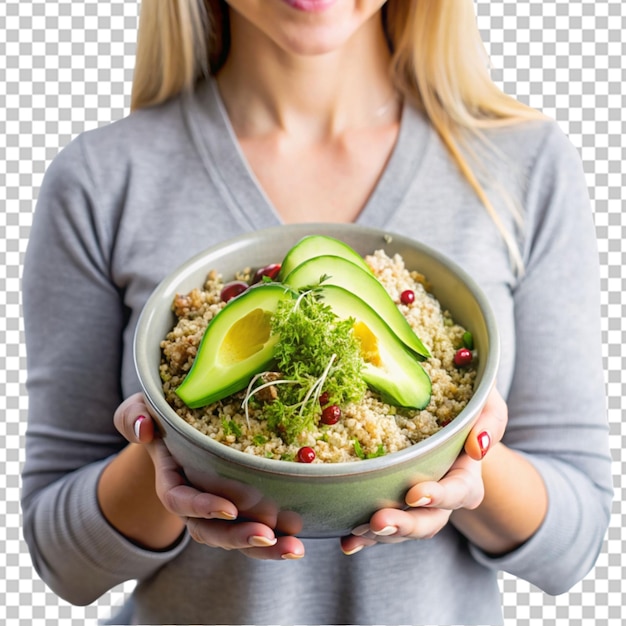 PSD woman holding bowl of quinoa salad with avocado