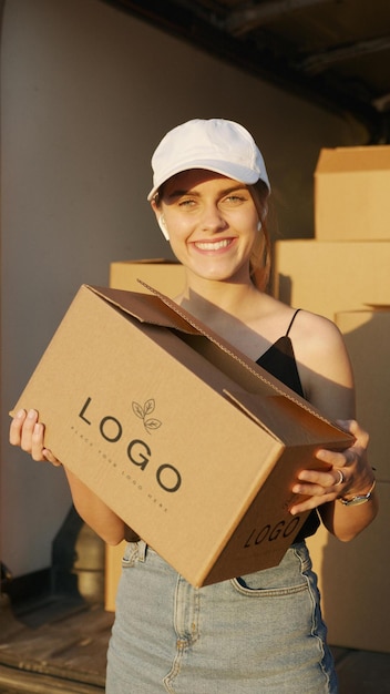 a woman holding a box that says quot logo on it quot