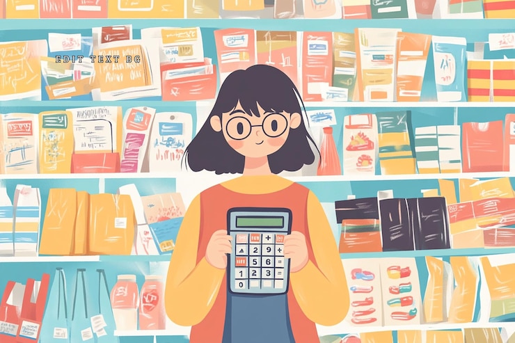 PSD 様々な製品を備えた棚の前でカリキュレーターを握っている女性