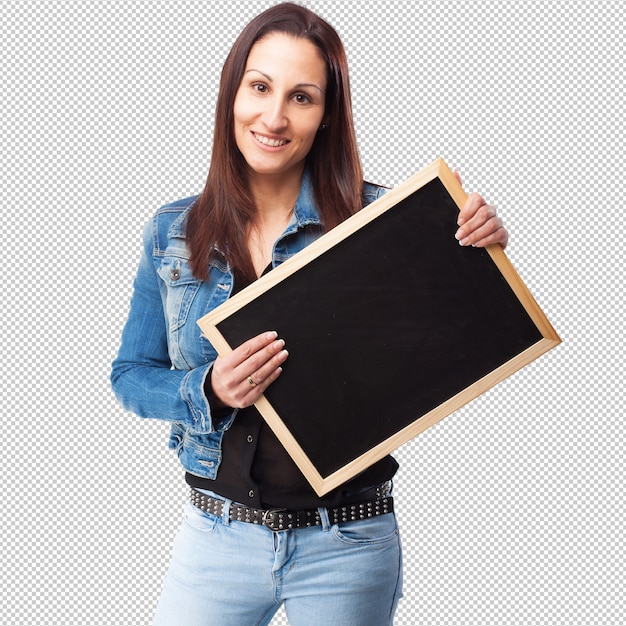 Woman holding a chalkboard