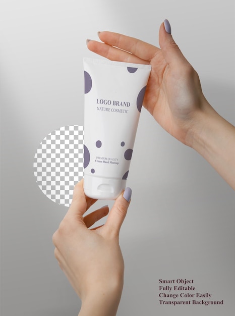 PSD woman holding cream tube mockup