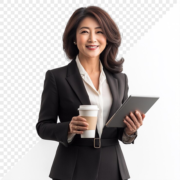 PSD 커피 한 잔 과 태블릿 을 들고 있는 여자