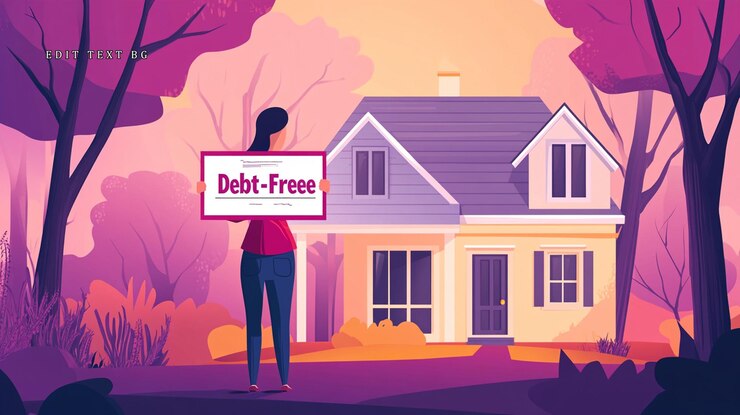 PSD woman holding debtfree sign in front of her house