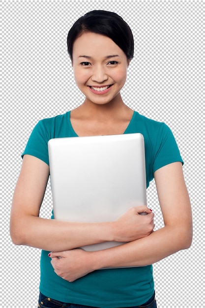 "나는 사랑한다"라는 단어가 새겨진 폴더를 들고 있는 여자