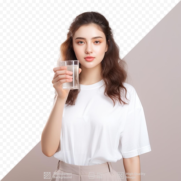 A woman holding a glass of water with a picture of a girl.