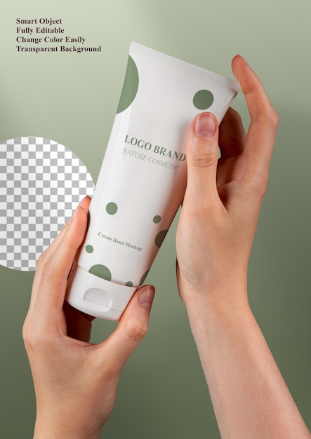 PSD woman holding hand cream tube mockup