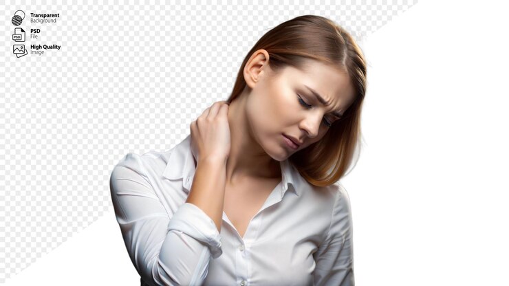 Woman holding her neck in pain isolated on transparent background
