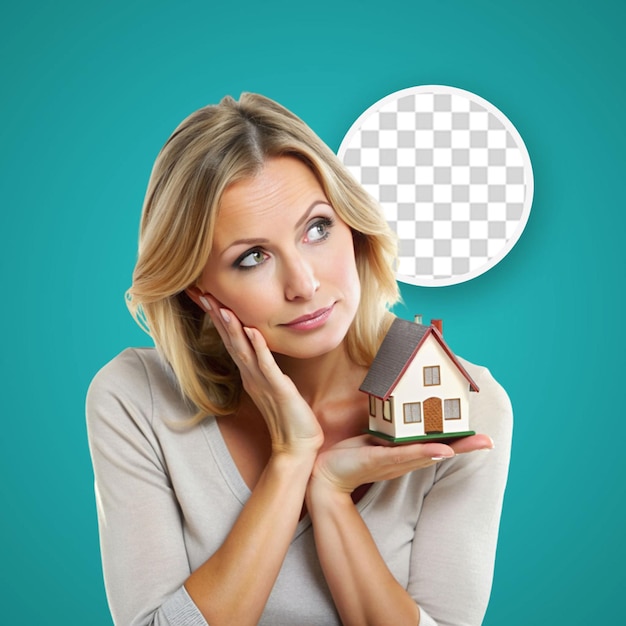 PSD woman holding a house and thinking about something